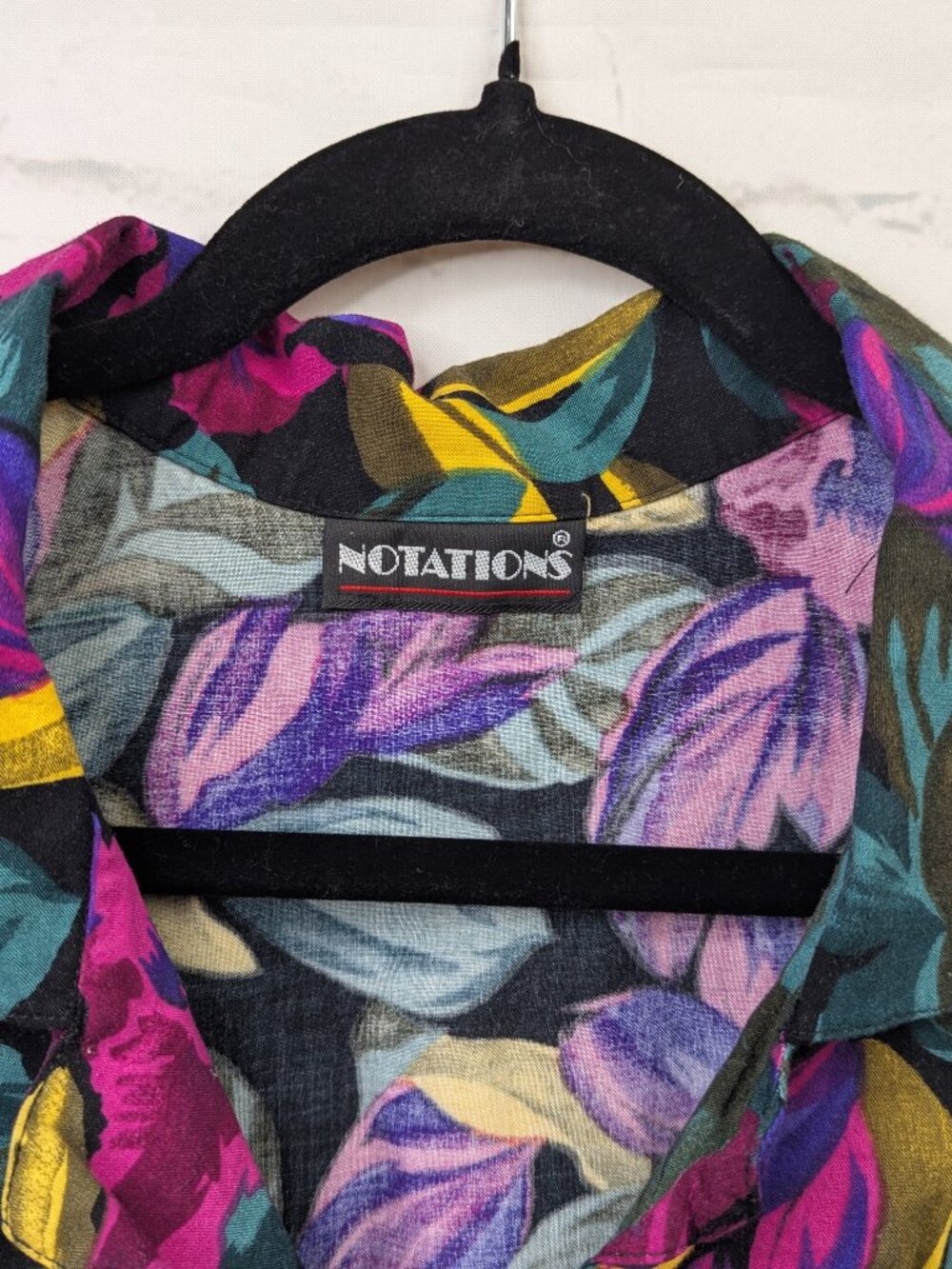 90s Notations M/L Vintage Floral Iris Print Button Up Top Purple Multi-Colored - Picture 4 of 5
